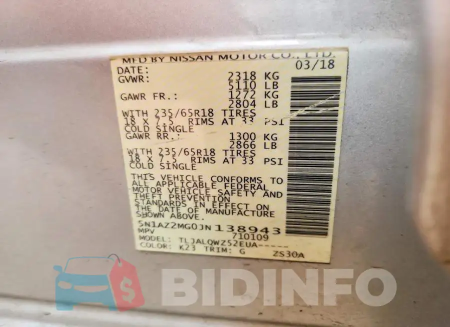 5N1AZ2MG0JN138943 Photo# 13
