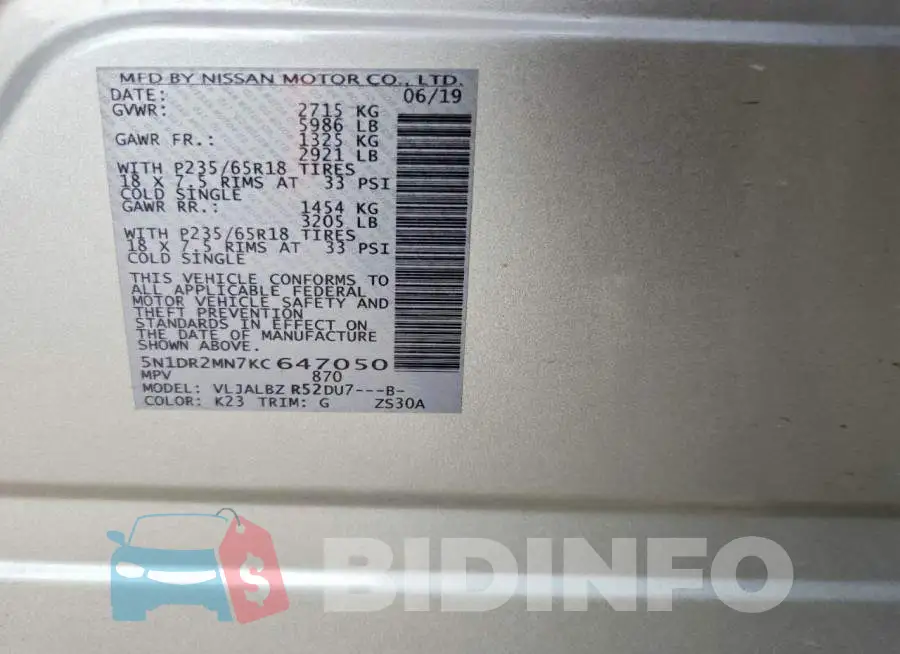 5N1DR2MN7KC647050 Photo# 12
