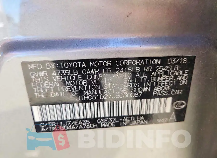 JTHC81D27J5030087 Photo# 12