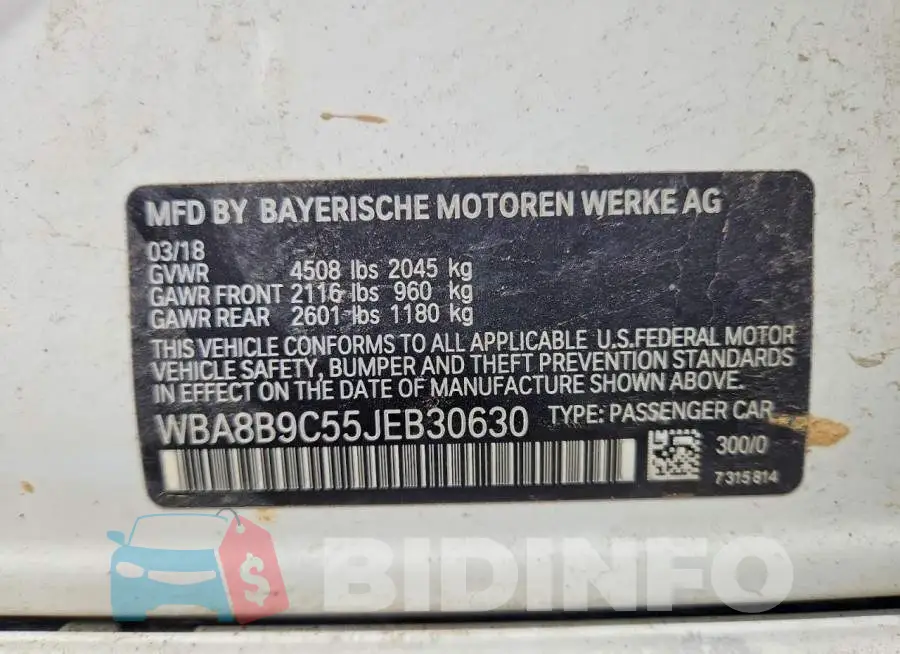 WBA8B9C55JEB30630 Photo# 13