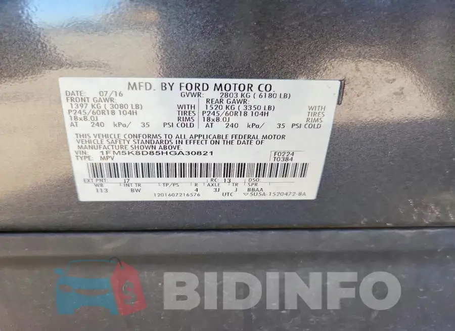 1FM5K8D85HGA30821 Photo# 13