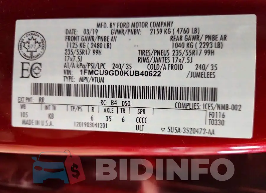 1FMCU9GD0KUB40622 Photo# 13