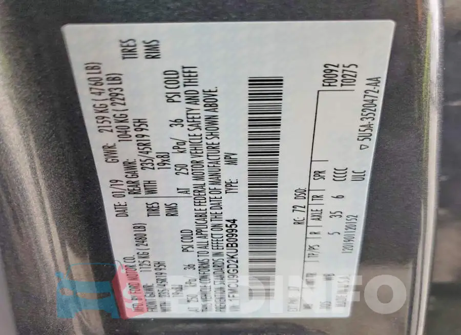 1FMCU9GD2KUB09954 Photo# 13