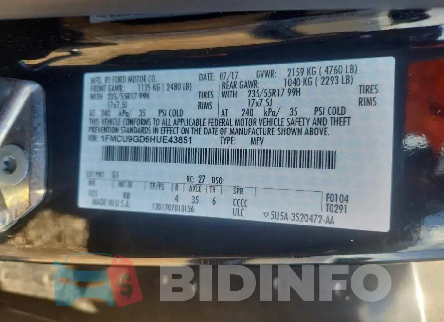 1FMCU9GD6HUE43851 Photo# 12
