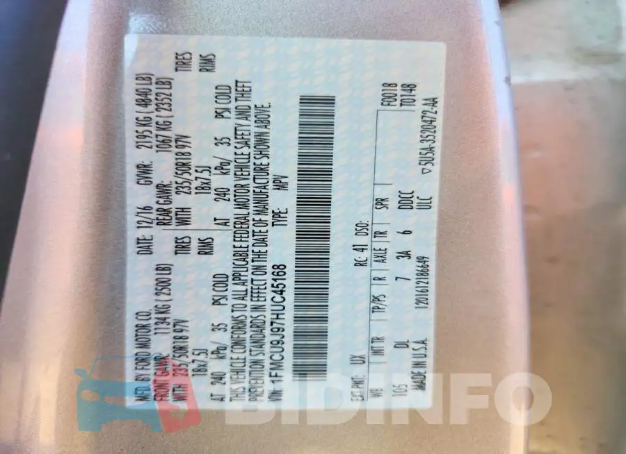 1FMCU9J97HUC45168 Photo# 12