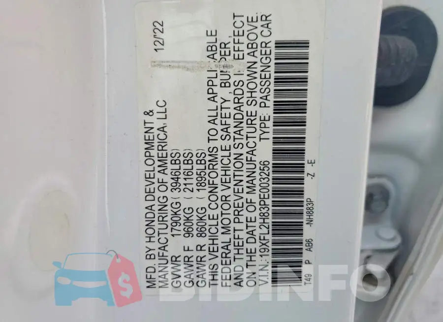 19XFL2H83PE003256 Photo# 12