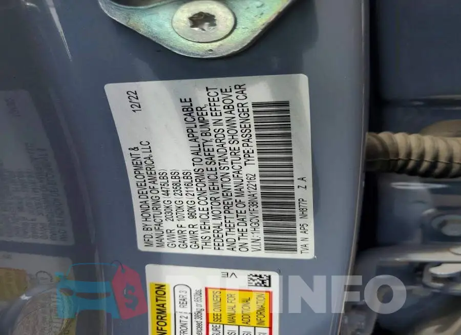 1HGCV1F38NA122162 Photo# 12