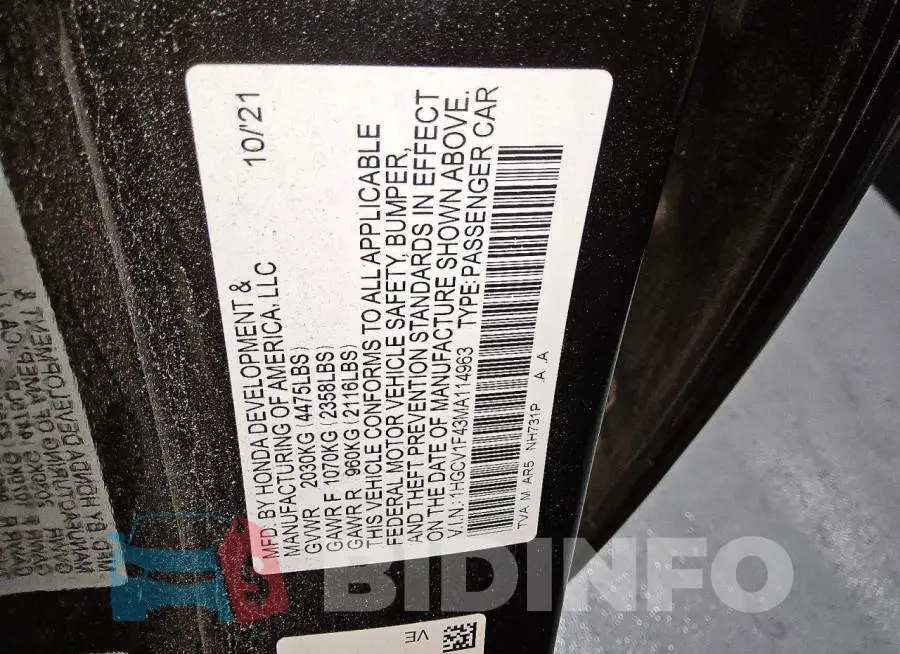 1HGCV1F43MA114963 Photo# 12