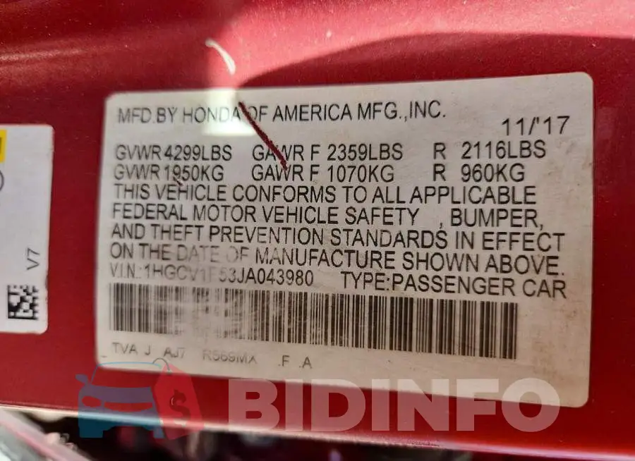 1HGCV1F53JA043980 Photo# 13