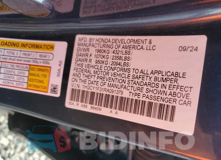 1HGCY1F31RA091379 Photo# 12
