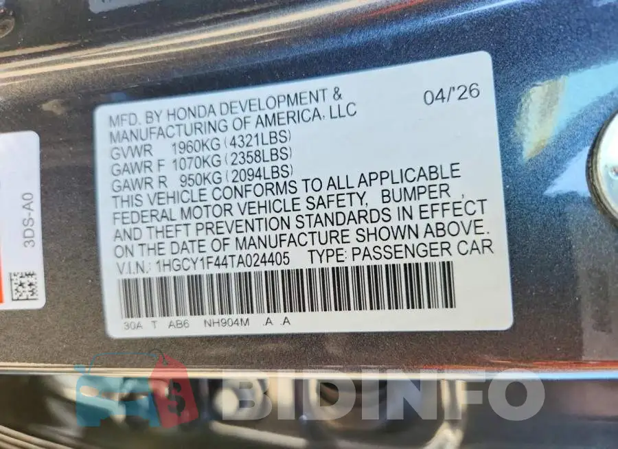 1HGCY1F44TA024405 Photo# 12