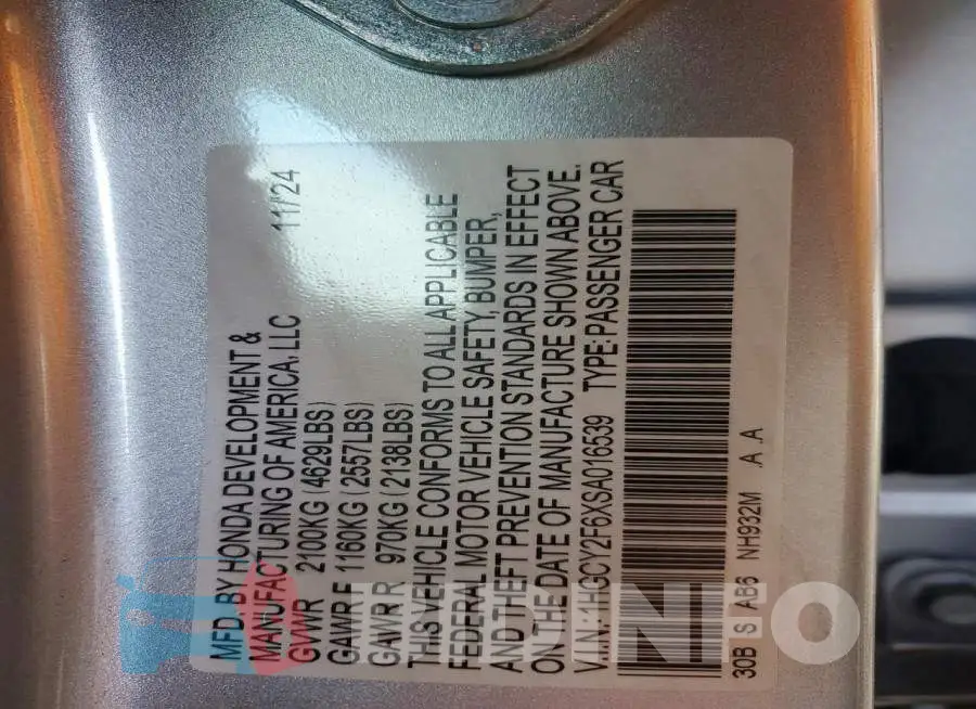 1HGCY2F6XSA016539 Photo# 12