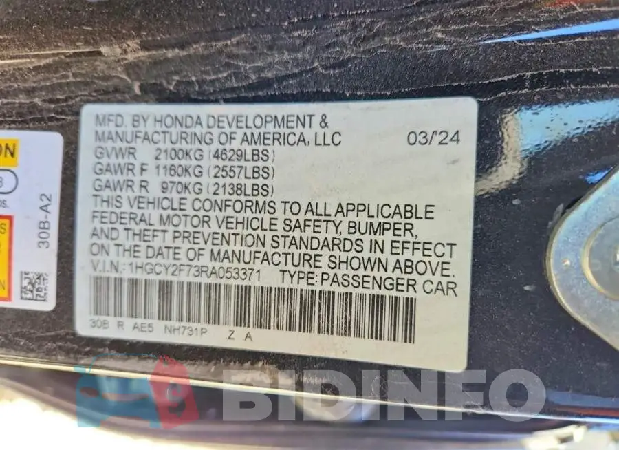 1HGCY2F73RA053371 Photo# 12