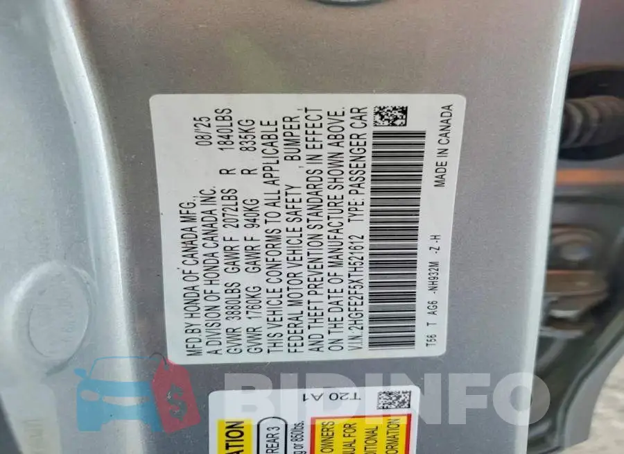 2HGFE2F5XTH521612 Photo# 13