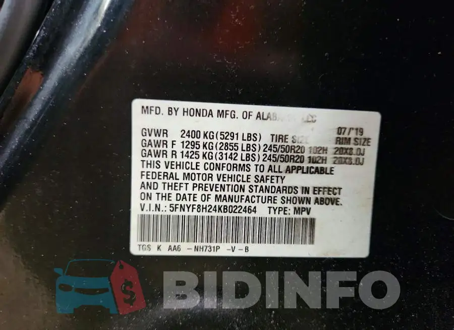 5FNYF8H24KB022464 Photo# 13