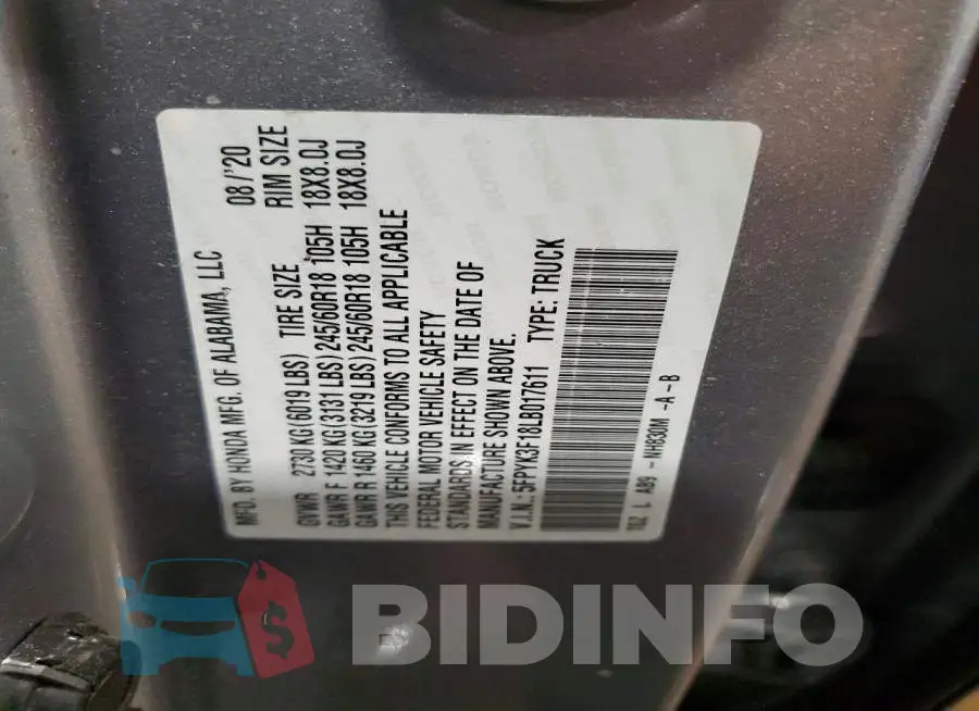 5FPYK3F18LB017611 Photo# 12