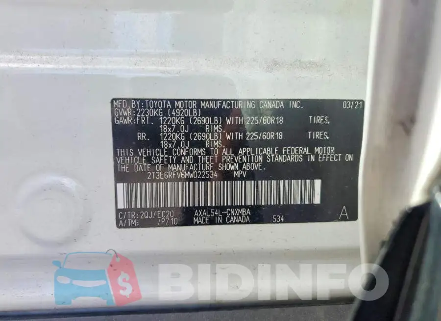 2T3E6RFV6MW022534 Photo# 12