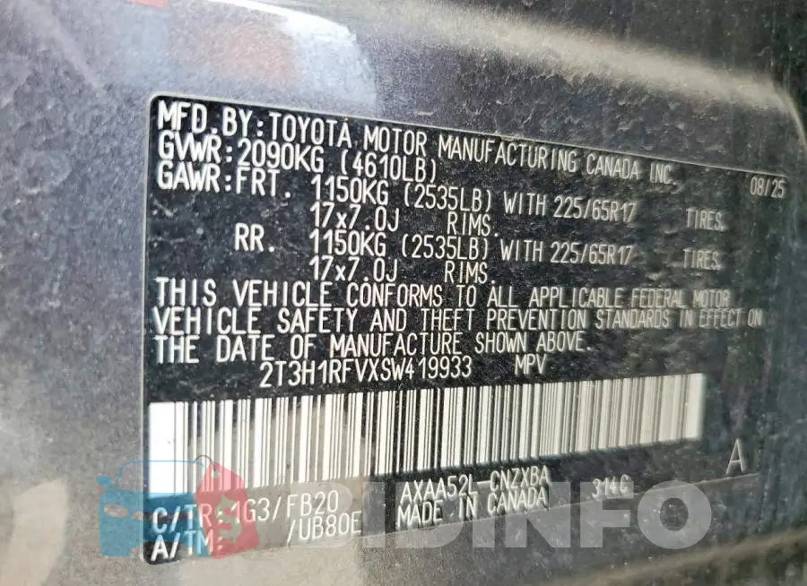 2T3H1RFVXSW419933 Photo# 14
