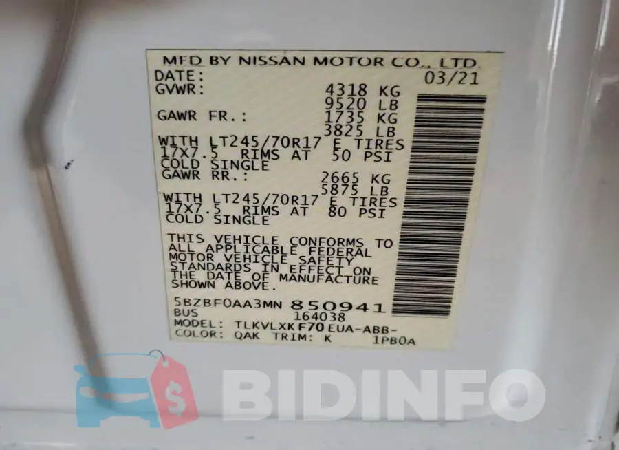 5BZBF0AA3MN850941 Photo# 14