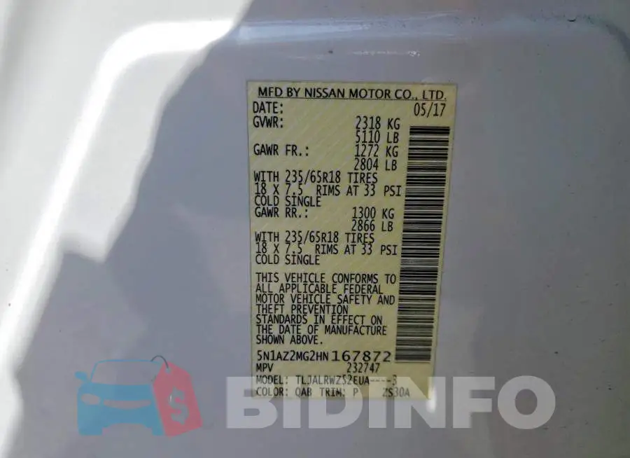 5N1AZ2MG2HN167872 Photo# 13