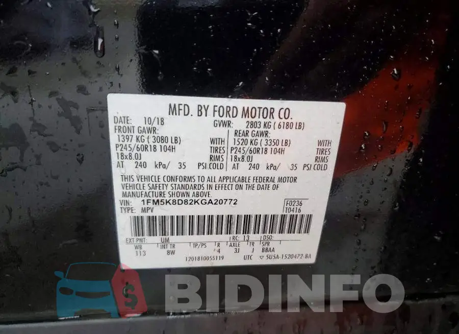 1FM5K8D82KGA20772 Photo# 13