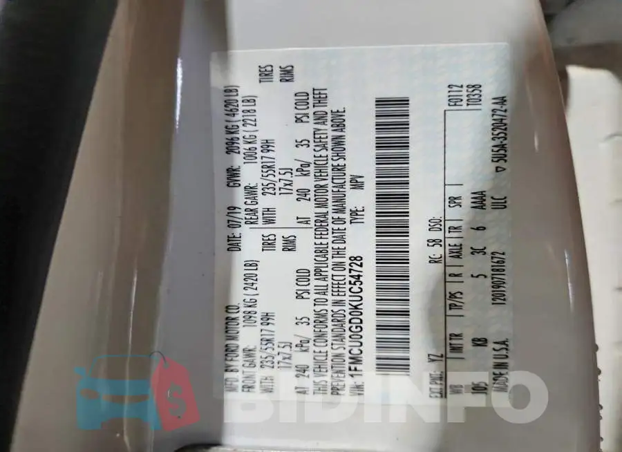 1FMCU0GD0KUC54728 Photo# 12