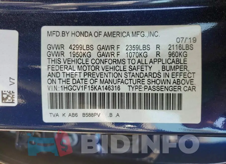 1HGCV1F15KA146316 Photo# 13
