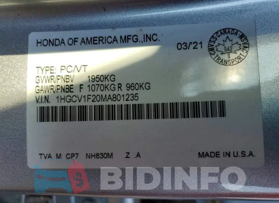 1HGCV1F20MA801235 Photo# 12