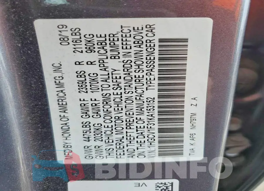 1HGCV1F31KA153152 Photo# 12