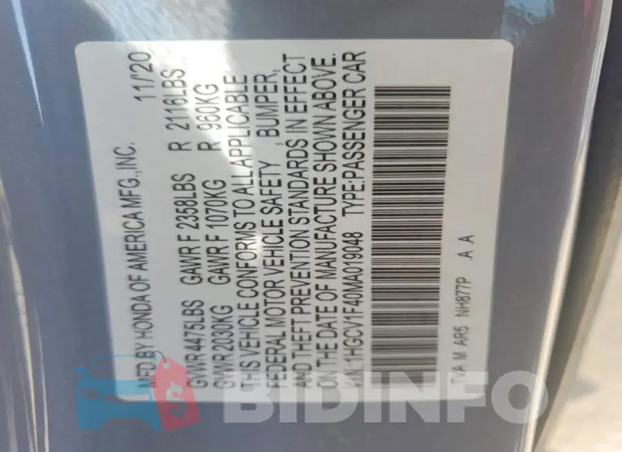 1HGCV1F40MA019048 Photo# 12