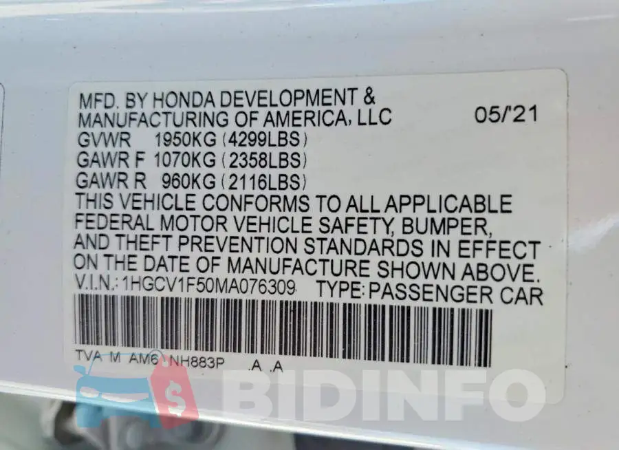 1HGCV1F50MA076309 Photo# 13