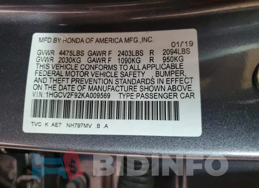 1HGCV2F92KA009569 Photo# 13