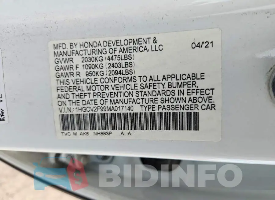 1HGCV2F99MA017140 Photo# 12
