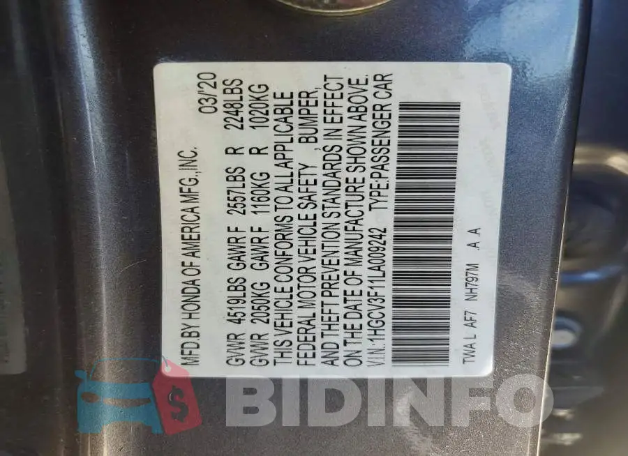 1HGCV3F11LA009242 Photo# 13