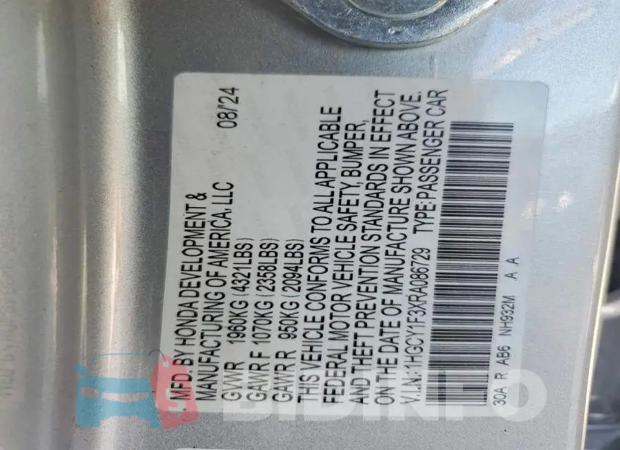 1HGCY1F3XRA086729 Photo# 12