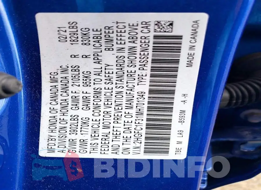 2HGFC1F31MH701349 Photo# 13
