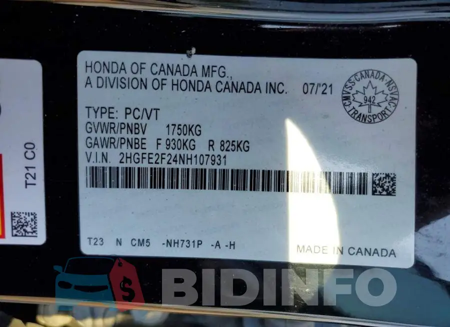 2HGFE2F24NH107931 Photo# 12
