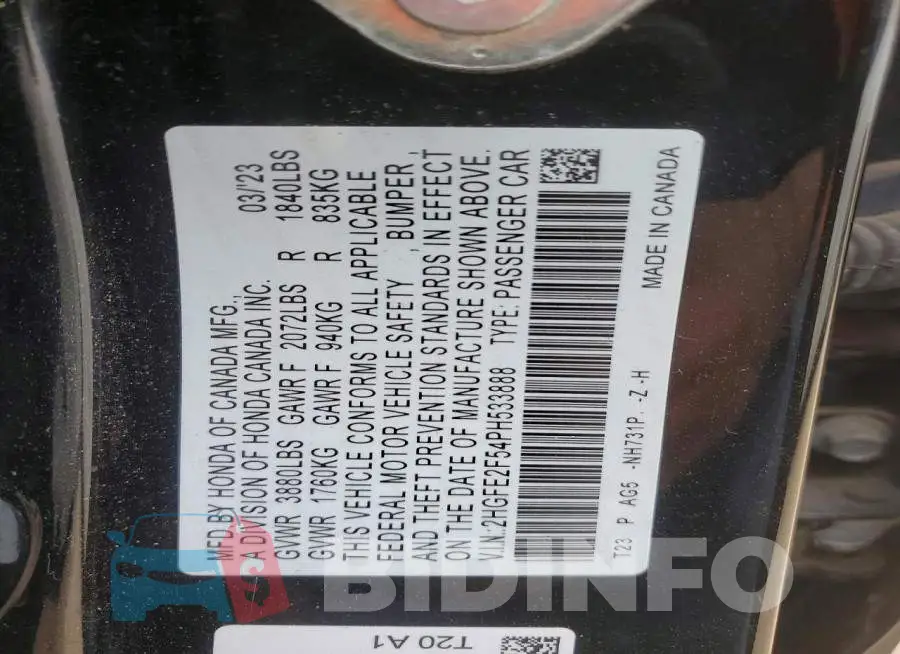 2HGFE2F54PH533888 Photo# 13