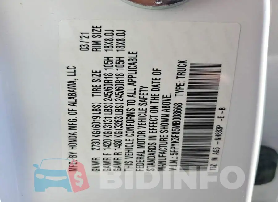 5FPYK3F85MB008668 Photo# 12