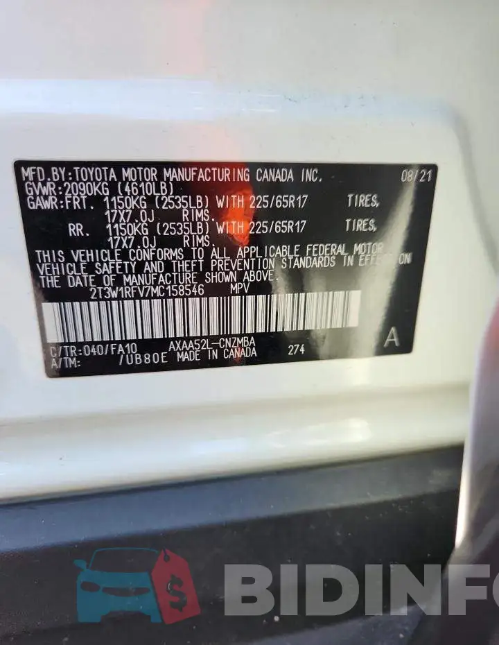 2T3W1RFV7MC158546 Photo# 12