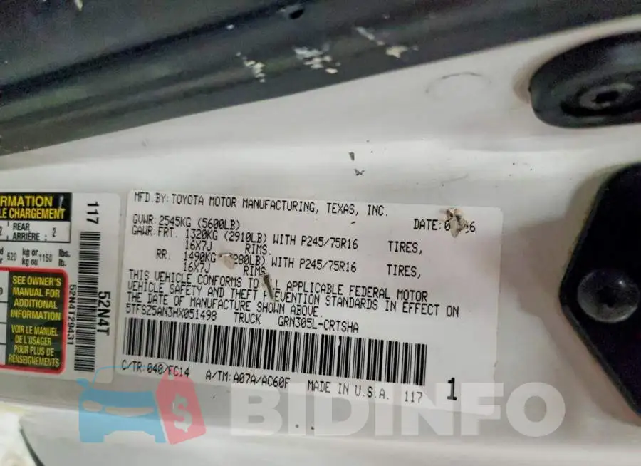 5TFSZ5AN3HX051498 Photo# 12