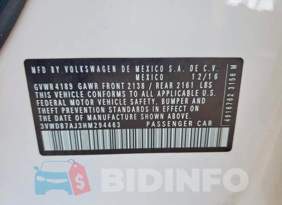 3VWDB7AJ3HM294463 Photo# 13