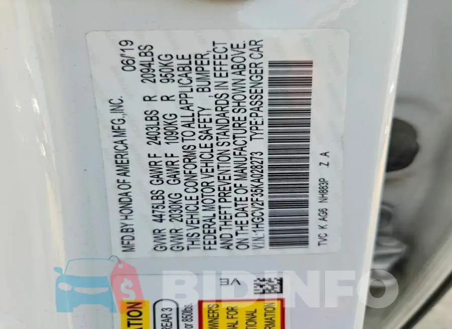 1HGCV2F35KA028273 Photo# 12