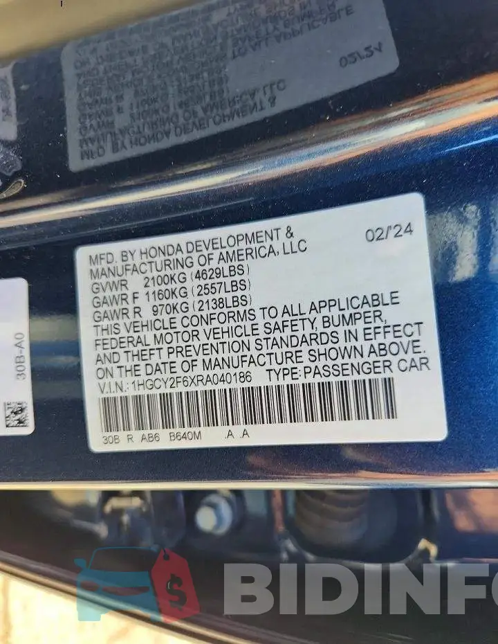1HGCY2F6XRA040186 Photo# 13