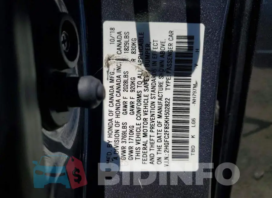 2HGFC2F85KH502822 Photo# 12