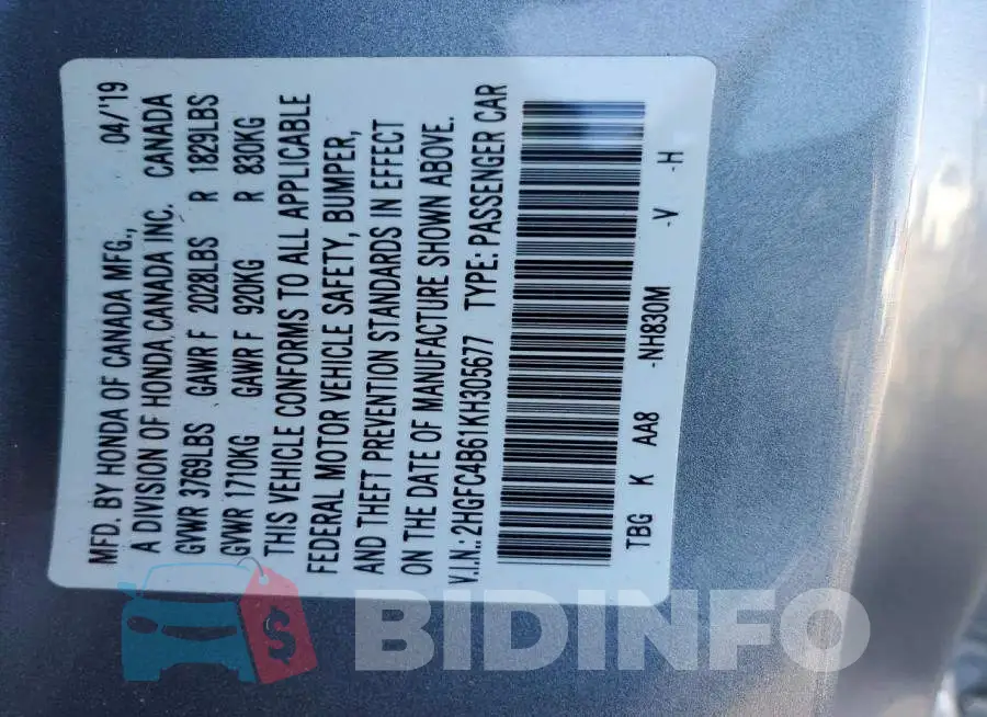 2HGFC4B61KH305677 Photo# 12