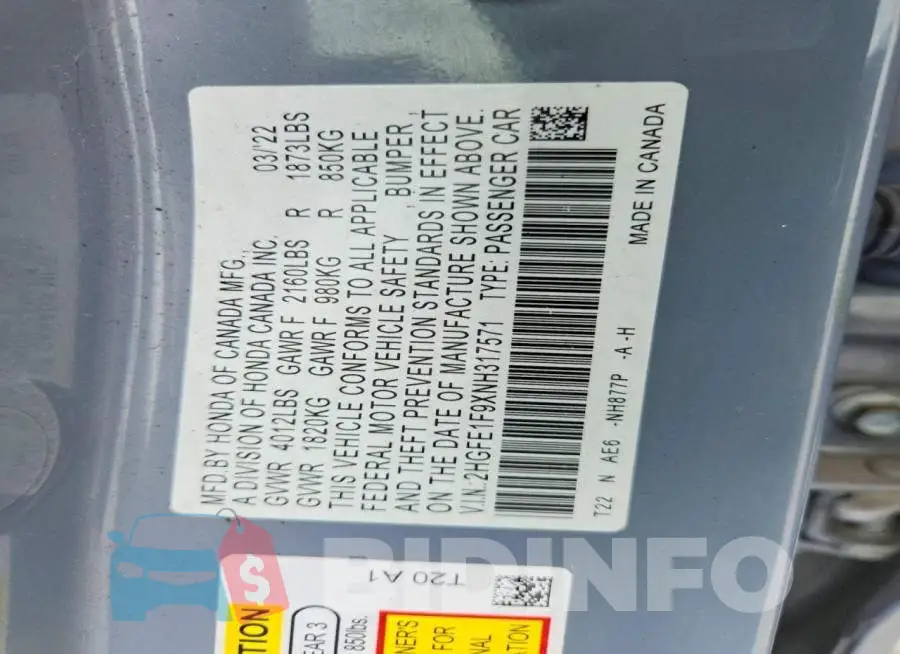 2HGFE1F9XNH317571 Photo# 12