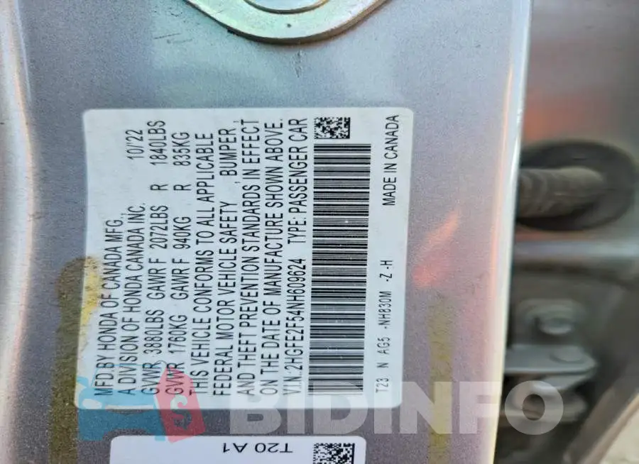 2HGFE2F54NH609624 Photo# 13