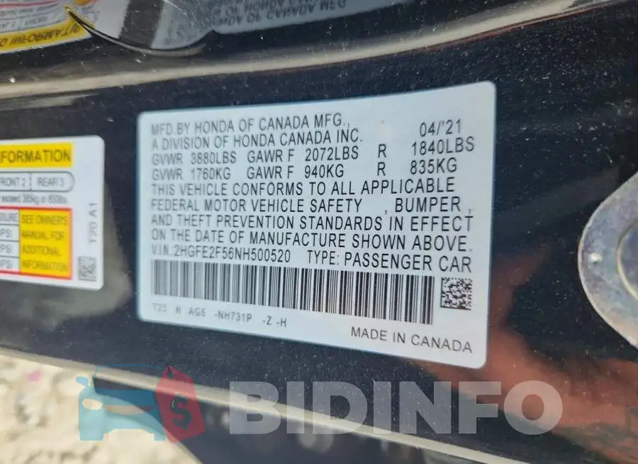 2HGFE2F56NH500520 Photo# 12