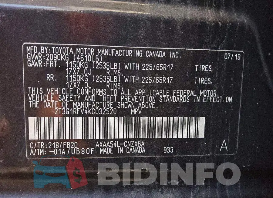 2T3G1RFV4KC032520 Photo# 13